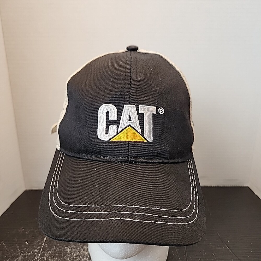 CAT Caterpiller Trucker Strapback Hat Cap Mens Black Vented Diesel Equipment